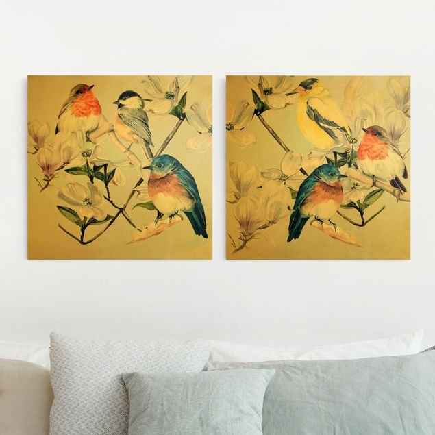 Wanddeko bunt Bunte Vögel auf einem Magnolienast Set