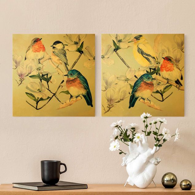 Wanddeko Büro Bunte Vögel auf einem Magnolienast Set