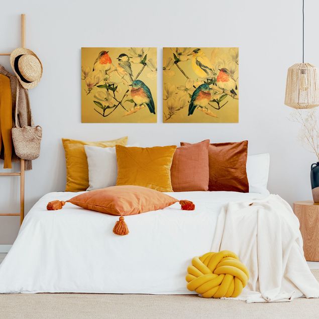 Wanddeko Schlafzimmer Bunte Vögel auf einem Magnolienast Set