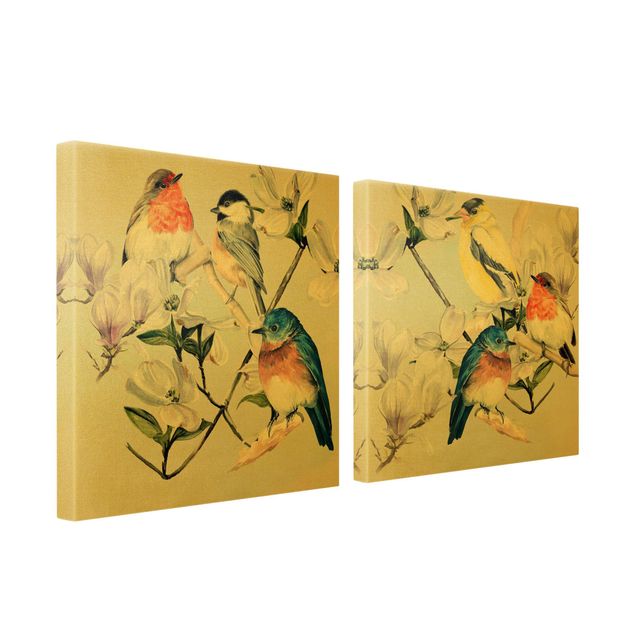 Wanddeko über Sofa Bunte Vögel auf einem Magnolienast Set