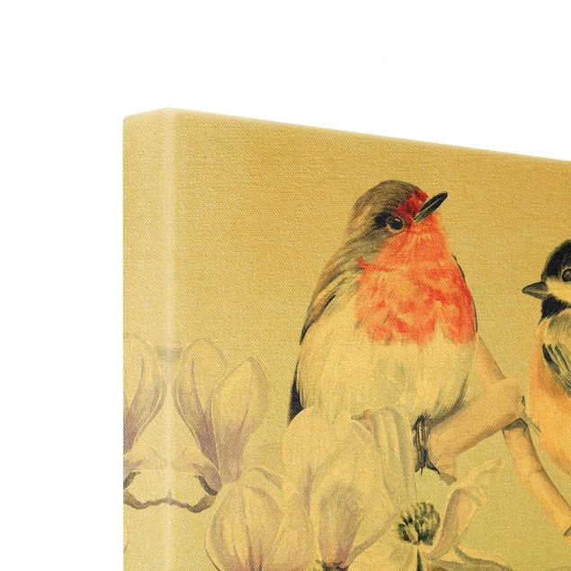 Wanddeko über Bett Bunte Vögel auf einem Magnolienast Set