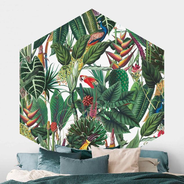 Wanddeko Schlafzimmer Bunter tropischer Regenwald Muster