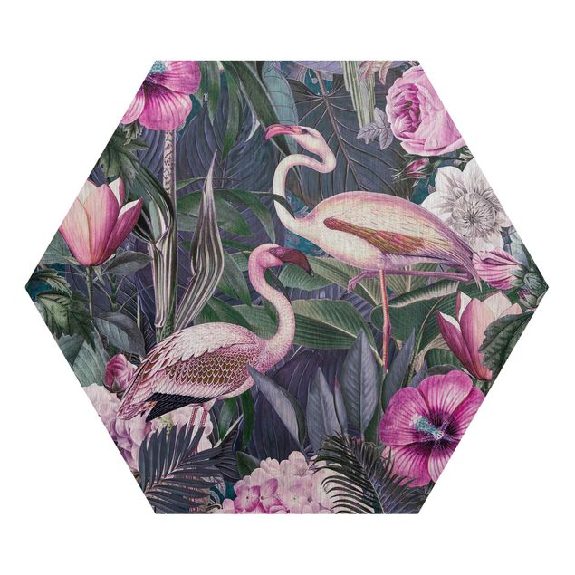 Wanddeko Büro Bunte Collage - Pinke Flamingos im Dschungel