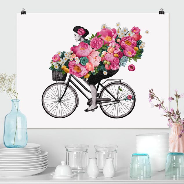 Deko Blume Illustration Frau auf Fahrrad Collage bunte Blumen