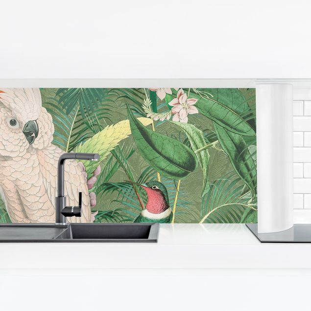 Wanddeko Pflanzen Vintage Collage - Kakadu und Kolibri