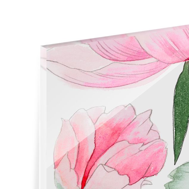 Glasrückwand Küche Blumen Zeichnung Rosa Päonien I