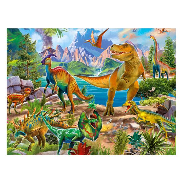 Wanddeko bunt T-Rex und Parasaurolophus