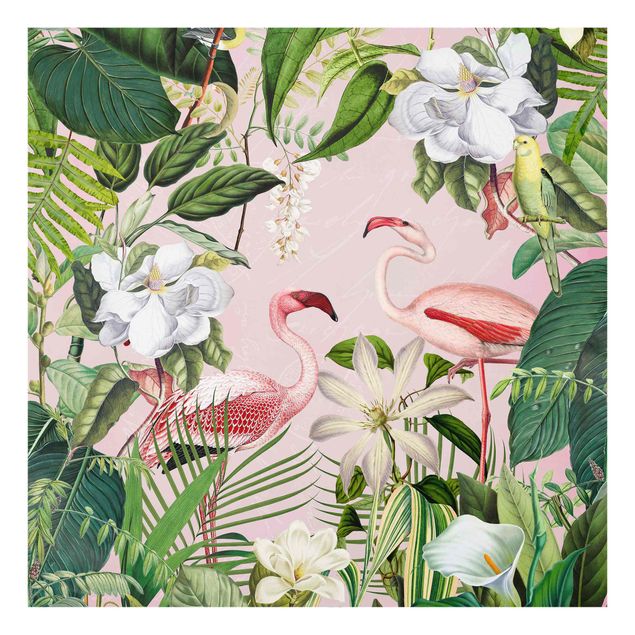 Wohndeko Vögel Tropische Flamingos mit Pflanzen in Rosa