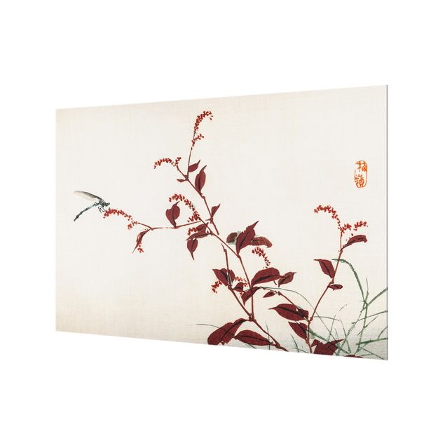 Wanddeko Vintage Asiatische Vintage Zeichnung Roter Zweig mit Libelle