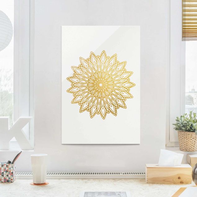 Wanddeko Schlafzimmer Mandala Sonne Illustration weiß gold