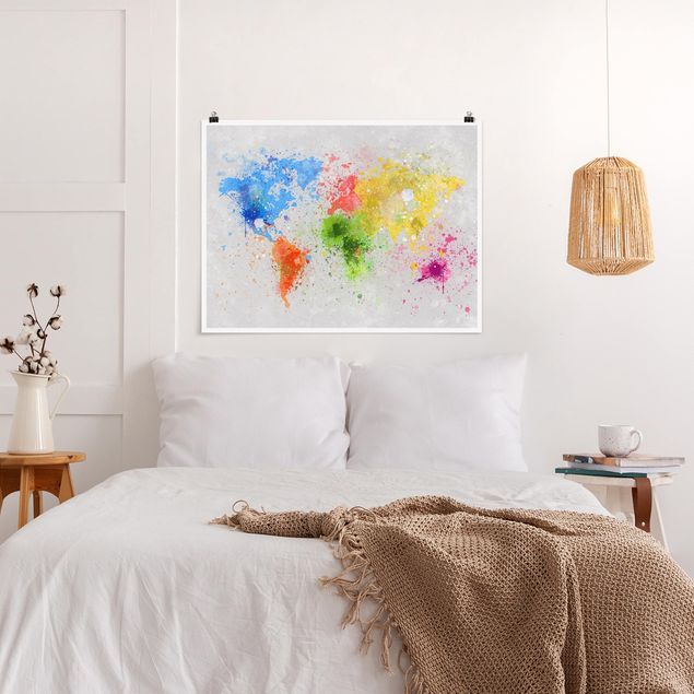 Wanddeko Schlafzimmer Bunte Farbspritzer Weltkarte