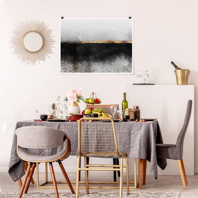 Wanddeko Esszimmer Abstrakter Goldener Horizont Schwarz Weiß