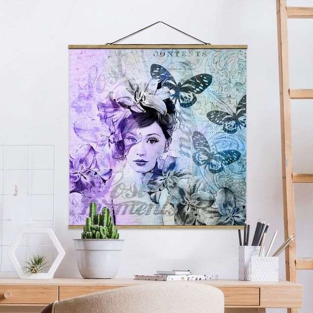 Wanddeko Wohnzimmer Shabby Chic Collage - Portrait mit Schmetterlingen