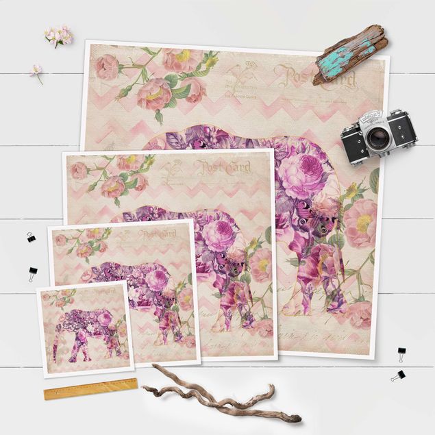 Wandbilder Schmetterlinge Vintage Collage - Rosa Blüten Elefant