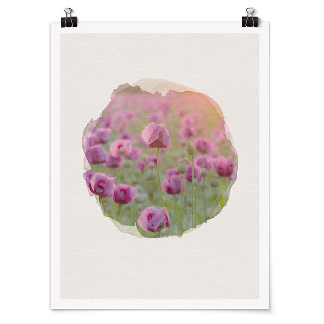 Wanddeko Blume Wasserfarben - Violette Schlafmohn Blumenwiese im Frühling