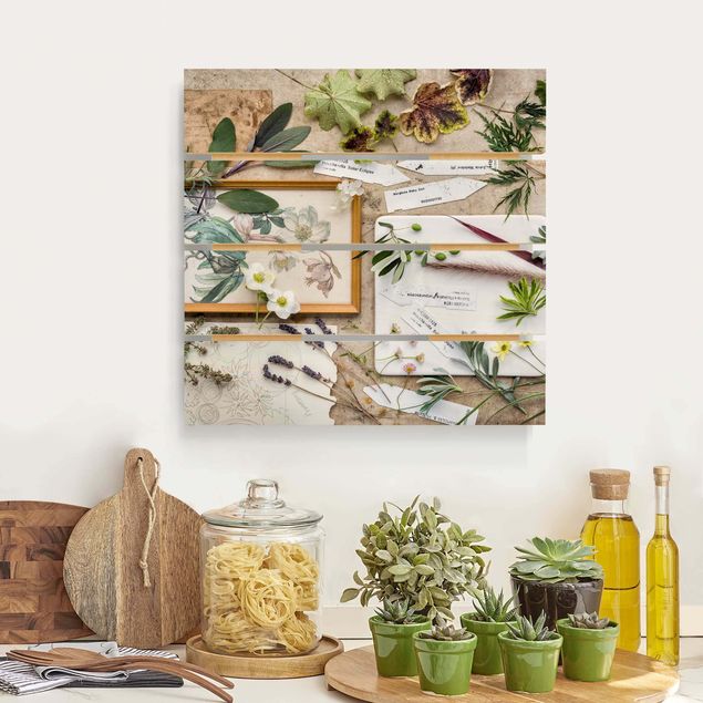Blumen und Gartenkräuter Vintage Holzbild Palettenoptik als Quadrat |  WALLART