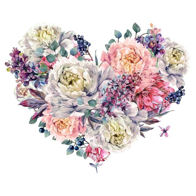 Wanddeko Wohnzimmer Aquarell Herz Blüten Bouquet XXL