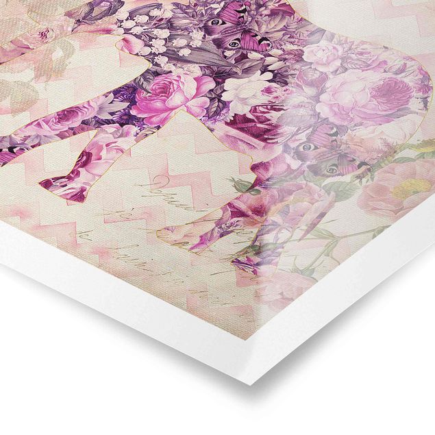 Wanddeko Büro Vintage Collage - Rosa Blüten Elefant