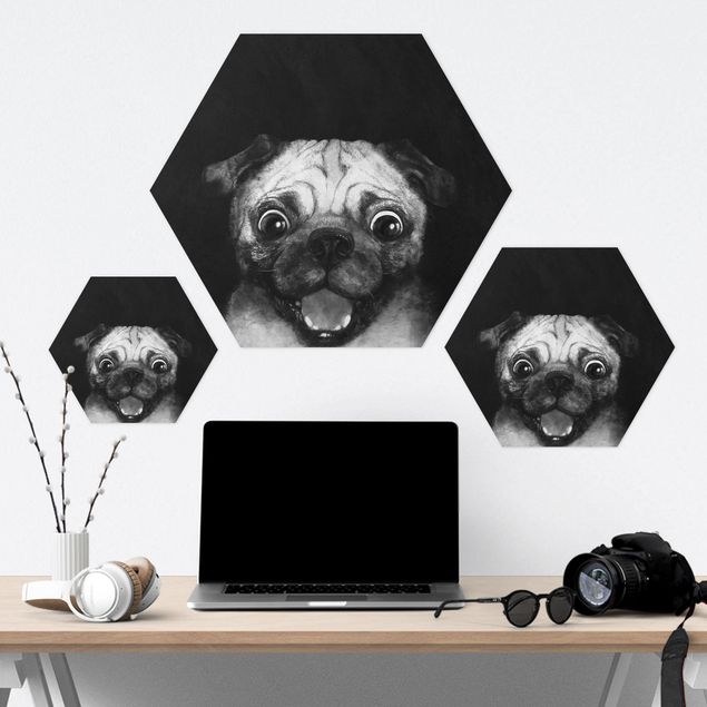 Wanddeko schwarz Illustration Hund Mops Malerei auf Schwarz Weiß