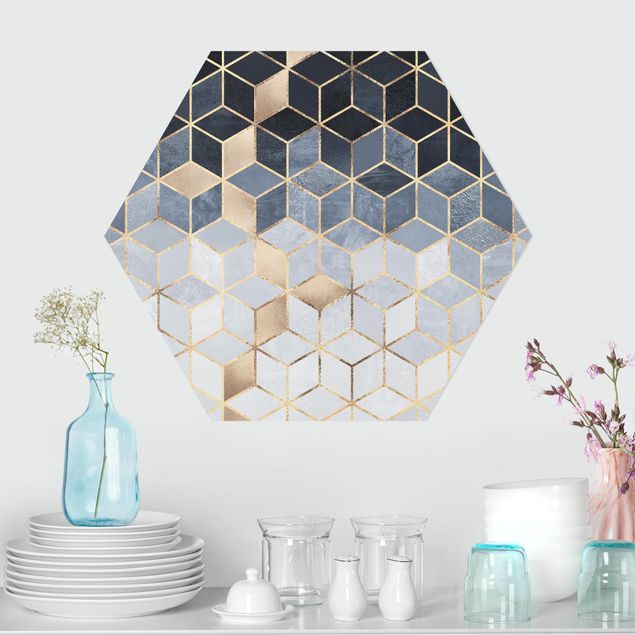 Blau Weiß goldene Geometrie Forex WALLART auf | Bild Hexagon