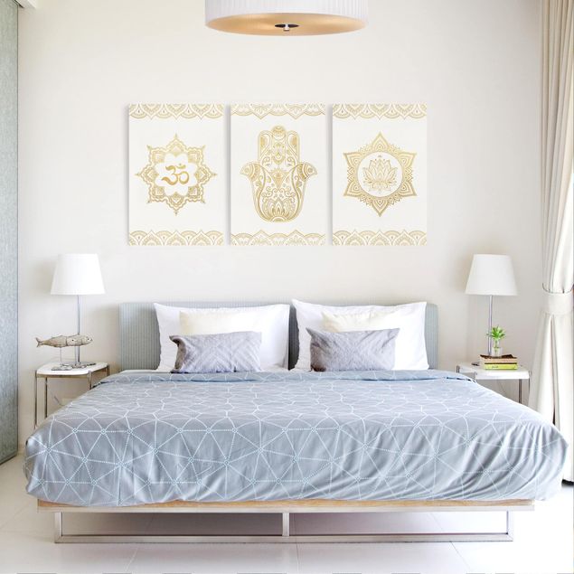 Wanddeko Schlafzimmer Hamsa Hand Lotus OM Illustration Set gold