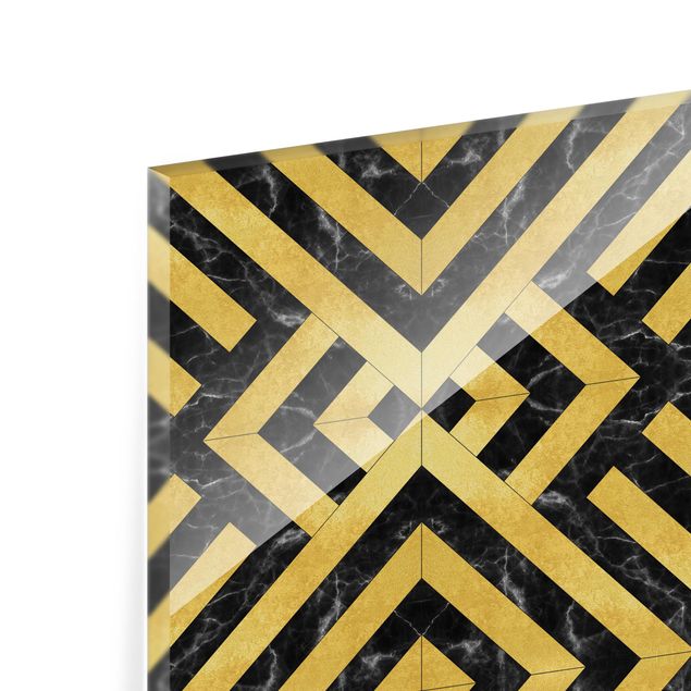 Glasrückwand Küche Steinoptik Geometrischer Fliesenmix Art Deco Gold Schwarzer Marmor