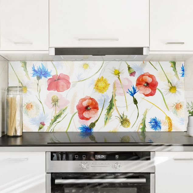 Wanddeko Küche Aquarellierte Feldblumen mit Mohn