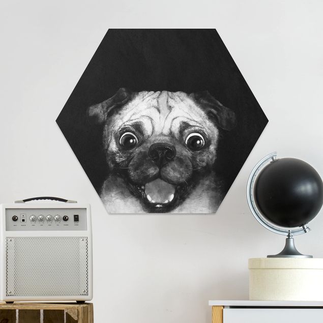 Wanddeko Schlafzimmer Illustration Hund Mops Malerei auf Schwarz Weiß