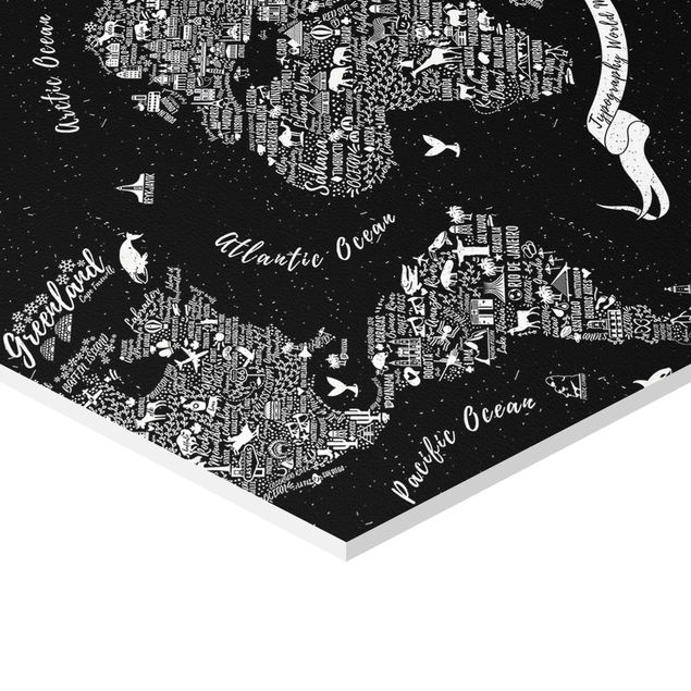 Wanddeko schwarz Typografie Weltkarte schwarz