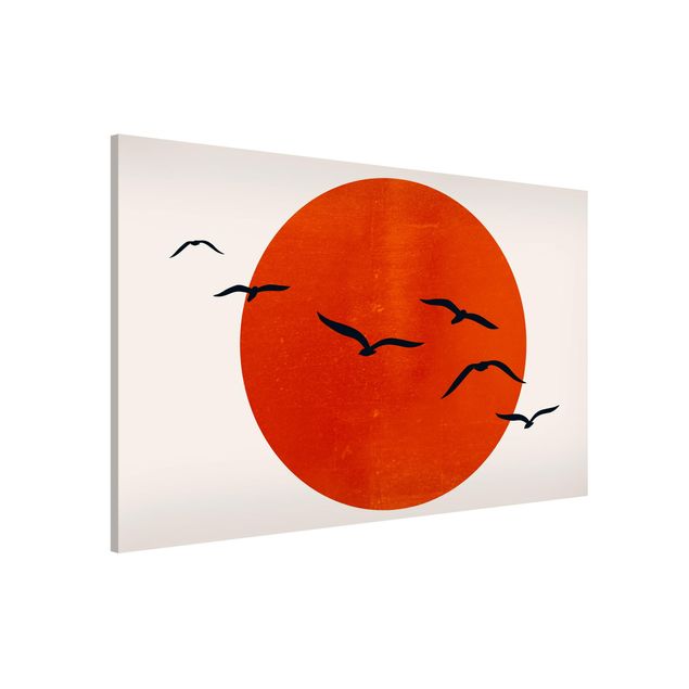 Wanddeko Flur Vogelschwarm vor roter Sonne I