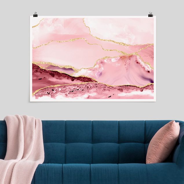 Wanddeko Schlafzimmer Abstrakte Berge Rosa mit Goldene Linien