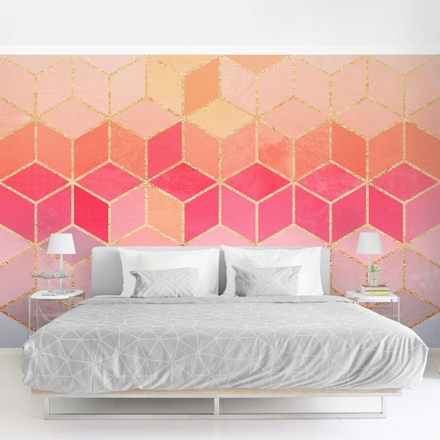 Wanddeko Wohnzimmer Buntes Pastell goldene Geometrie