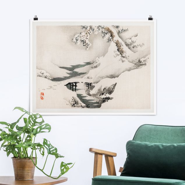 Wanddeko Schlafzimmer Asiatische Vintage Zeichnung Winterlandschaft