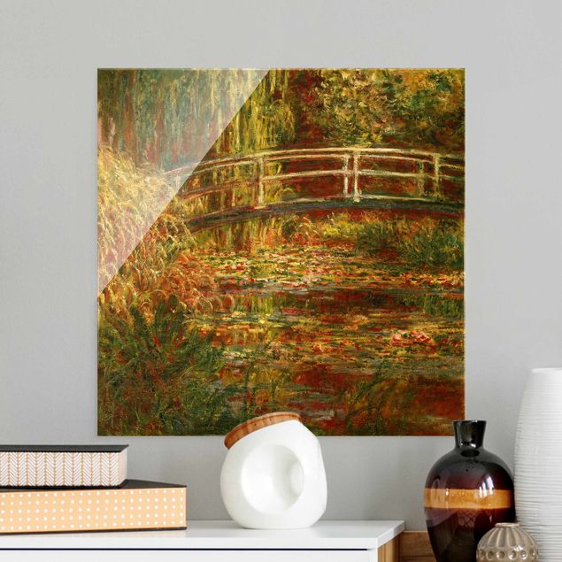Glasbilder Rose Claude Monet - Seerosenteich und japanische Brücke (Harmonie in rosa)