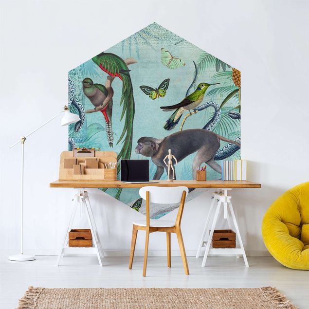 Wanddeko Esszimmer Colonial Style Collage - Äffchen und Paradiesvögel