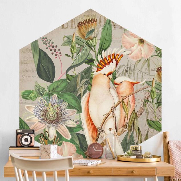 Wanddeko Schlafzimmer Colonial Style Collage - Rosa Kakadu