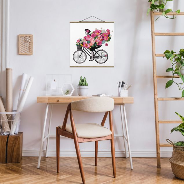 Wohndeko Blume Illustration Frau auf Fahrrad Collage bunte Blumen