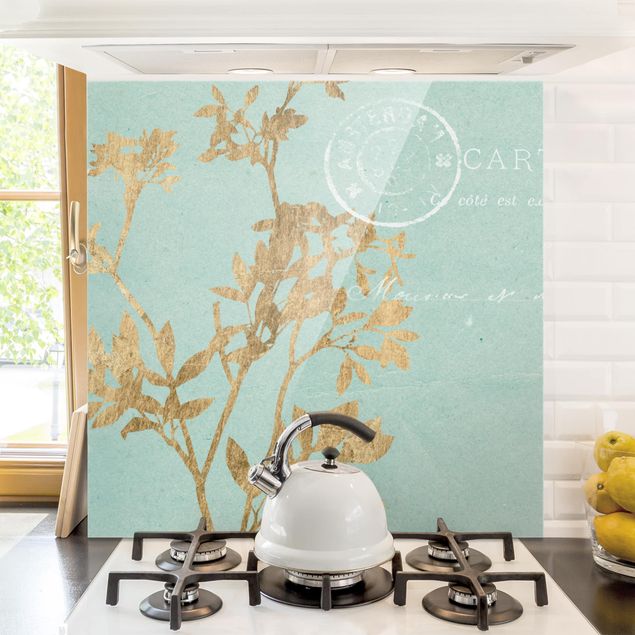 Küche Dekoration Goldene Blätter auf Turquoise I