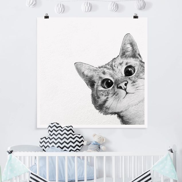 Babyzimmer Deko Illustration Katze Zeichnung Schwarz Weiß