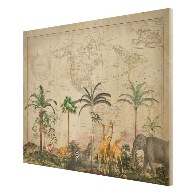 Wanddeko Flur Vintage Collage - Tierwelt auf Weltkarte