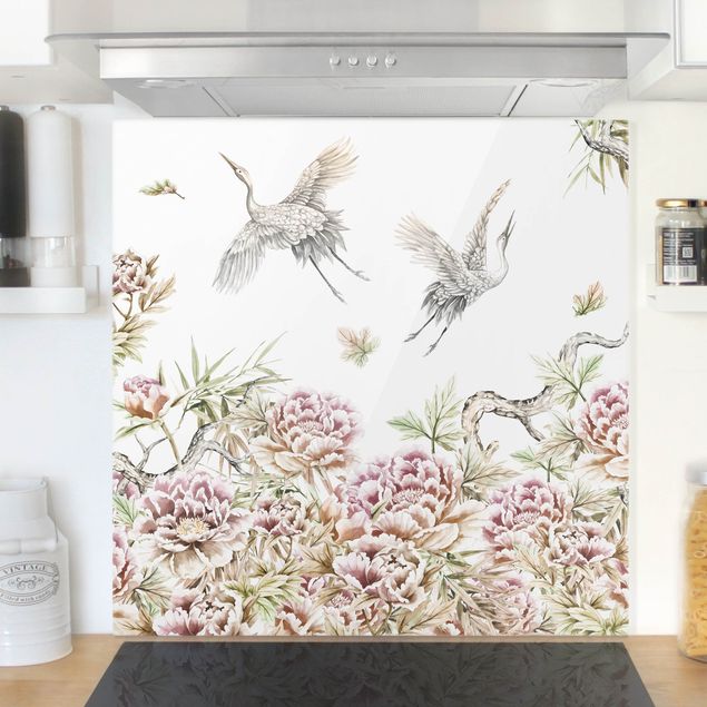 Küche Dekoration Aquarell Störche im Flug mit Rosen
