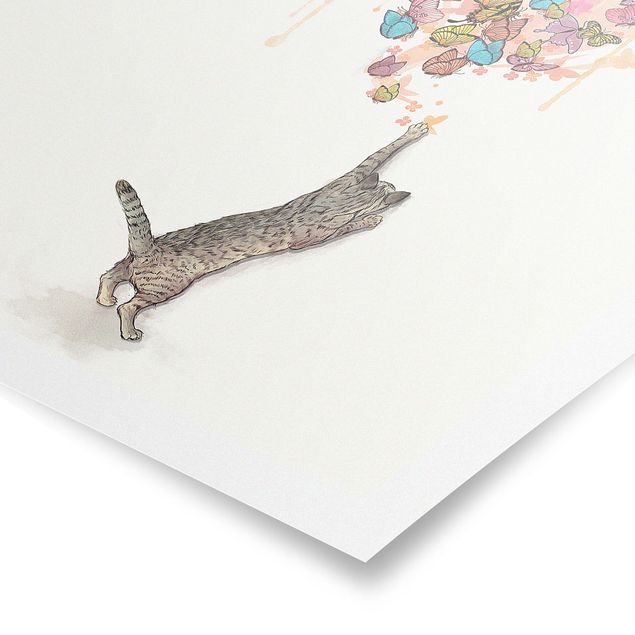 Wandbilder Katzen Illustration Katze mit bunten Schmetterlingen Malerei