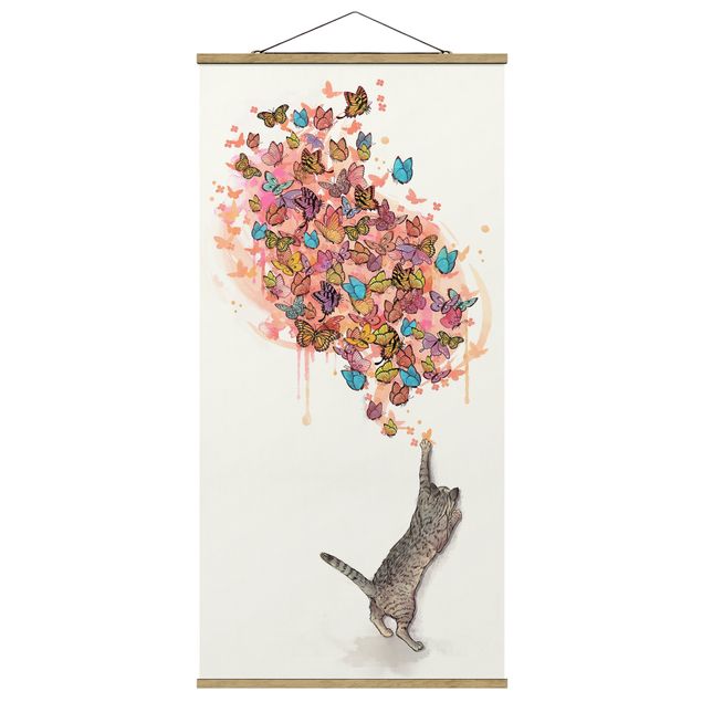 Wanddeko Flur Illustration Katze mit bunten Schmetterlingen Malerei
