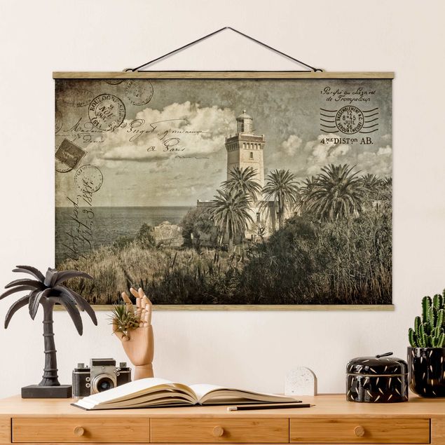 Wanddeko Wohnzimmer Vintage Postkarte mit Leuchtturm und Palmen