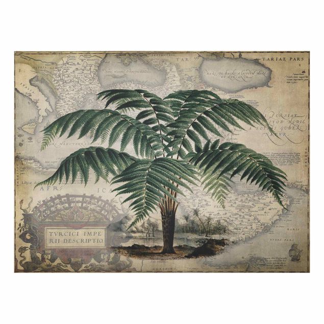 Wanddeko Flur Vintage Collage - Palme und Weltkarte