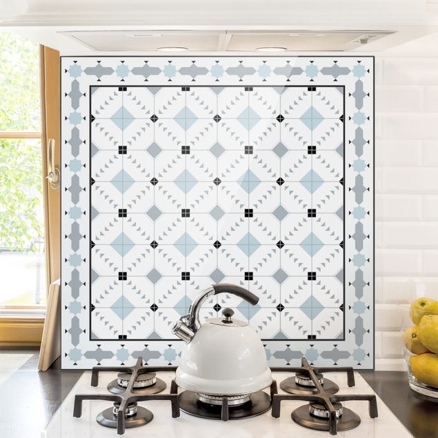 Wanddeko Küche Geometrische Fliesen Ikat Blau mit Bordüre