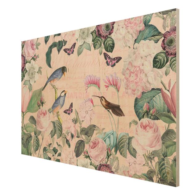 Wanddeko Flur Vintage Collage - Rosen und Vögel