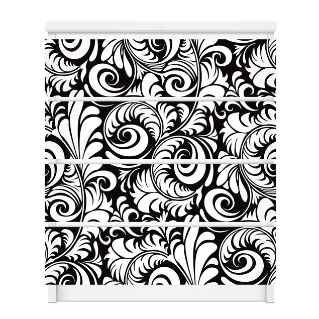 Wanddeko Büro Black and White Leaves Pattern