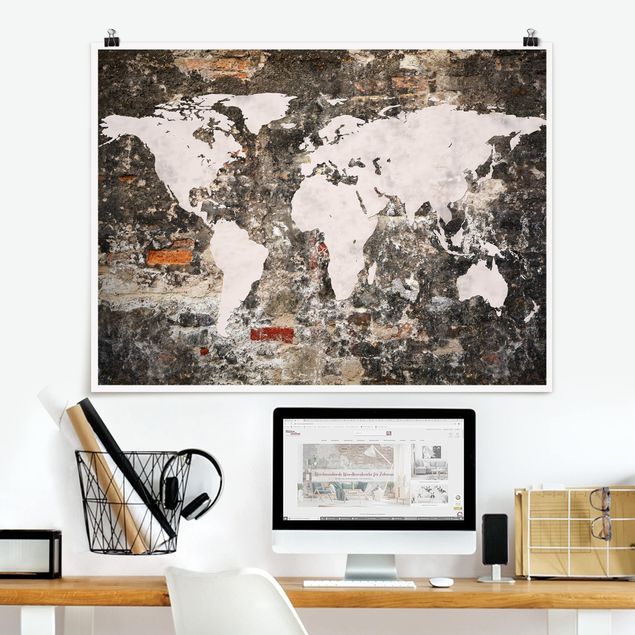Wanddeko beige Alte Mauer Weltkarte