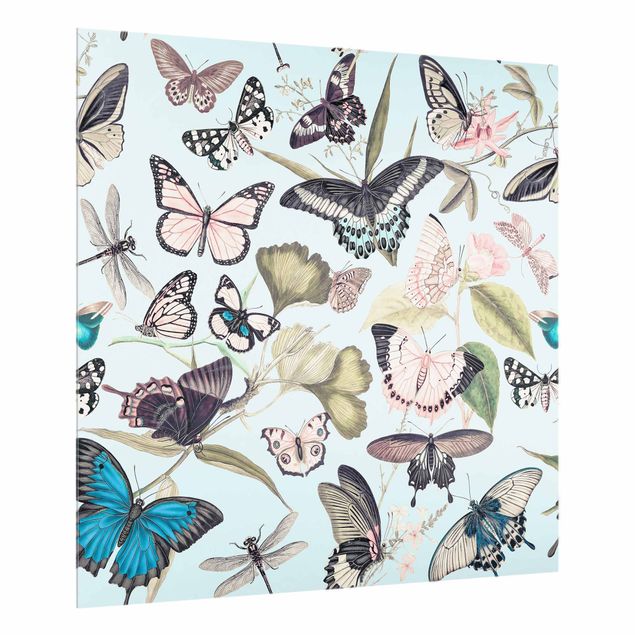 Wanddeko Botanik Vintage Collage - Schmetterlinge und Libellen